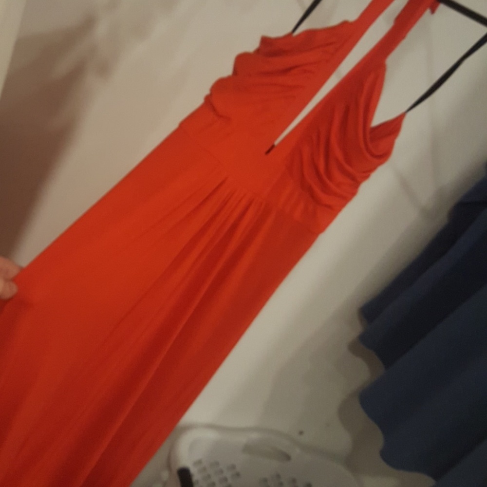 red orange stretch maxi halter dress